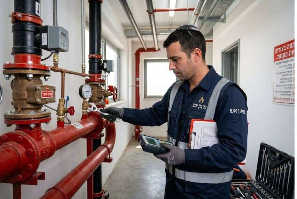 טכנאי כיבוי אש מבצע בדיקה של מערכת כיבוי אש בבניין