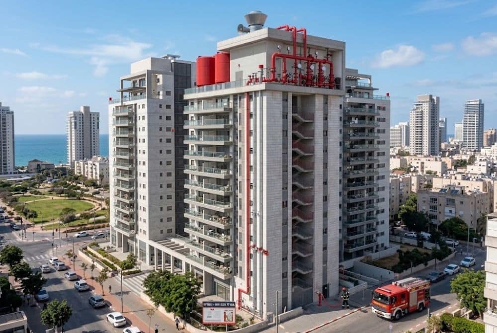 בניין מגורים גבוה עם מערכות בטיחות אש