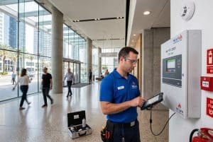טכנאי בודק רכזת גילוי אש במבנה מסחרי מודרני