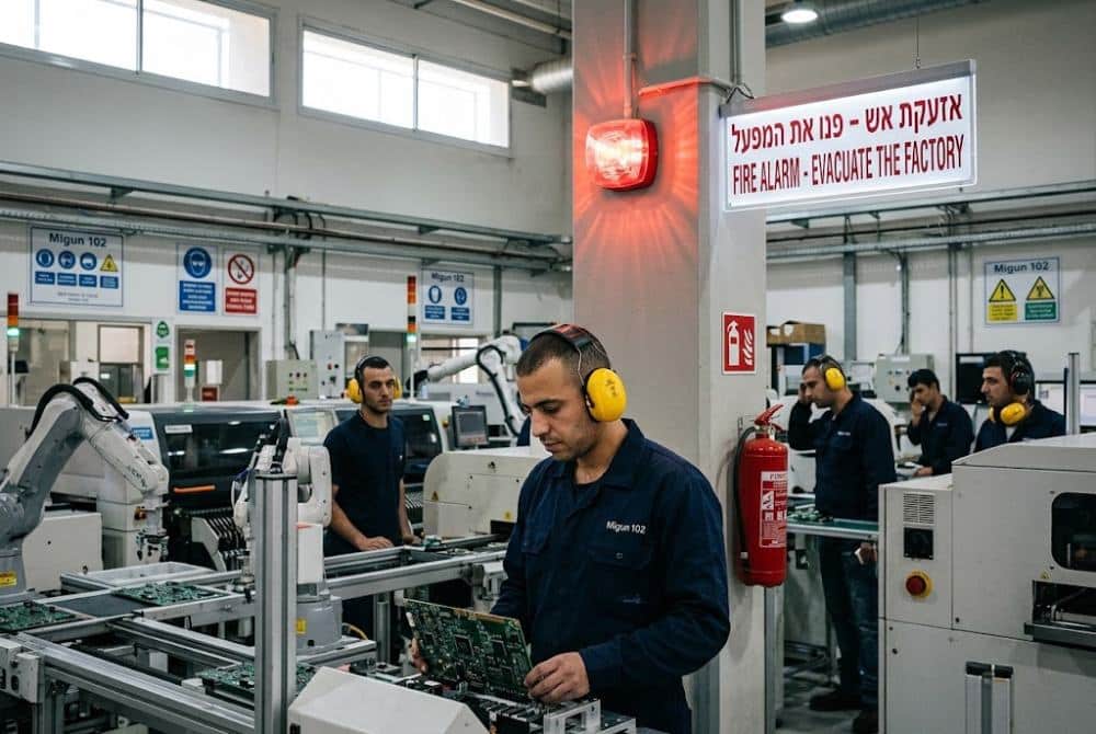 מפעל מודרני, עובד עם מגיני אוזניים, התרעת אש מהבהבת
